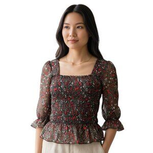 Topshop Floral Sheer Smocked Blouse Ruffle Sleeve Open Back Black Size 4 NWT